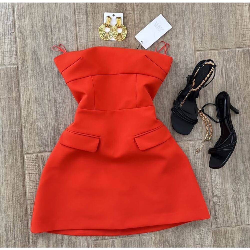 Zara Strapless Structured Mini Dress NWT Red Orange Skort Dress Size L - Picture 14 of 16